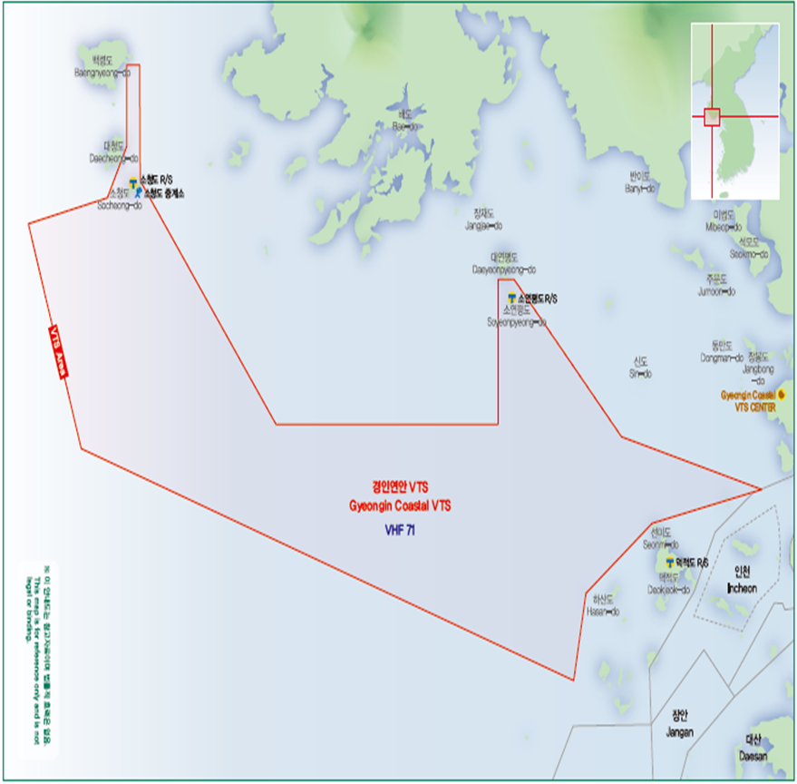 관제구역도 이미지. Gyeongin Coastal VTS Area (4,746 , CH.71) : 1섹터(SECTOR 1) 1,874㎢ / 2섹터(SECTOR 2) 1,815㎢ / 3섹터(SECTOR 3) 1,057㎢. 자세한 위치는 아래를 참고하세요.