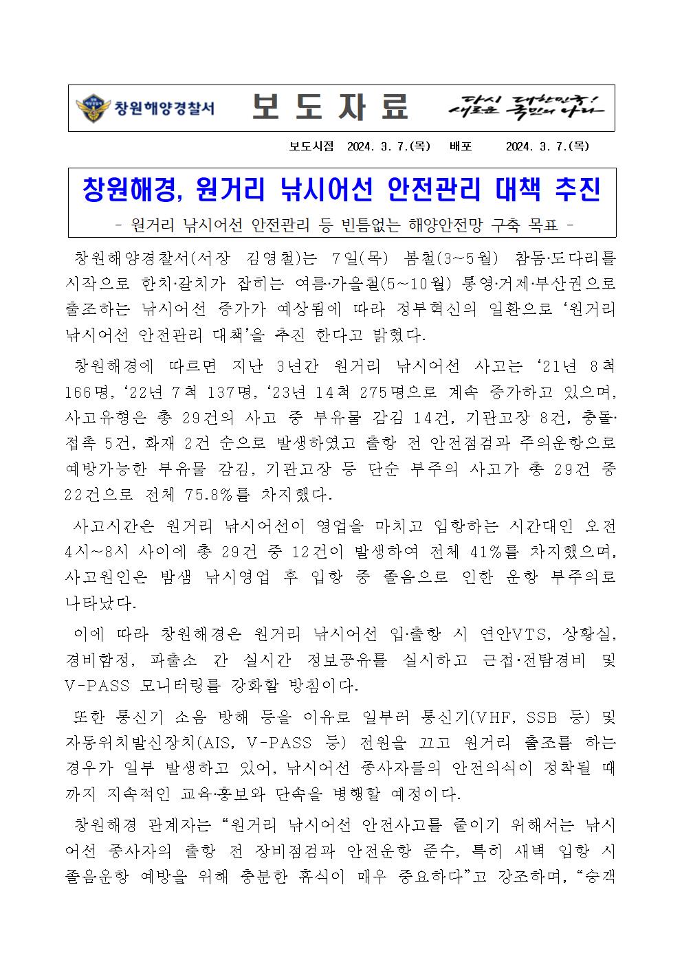 창원해경  원거리 낚시어선 안전관리 대책 추진(240307)