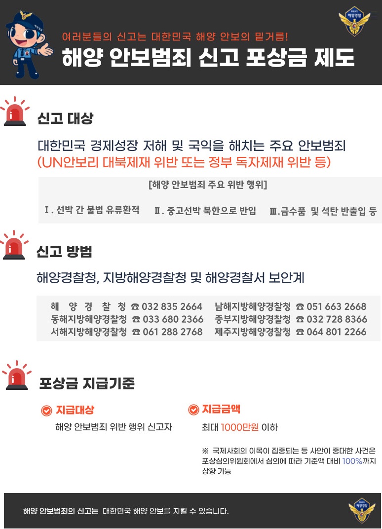 해양 안보범죄 신고포상금 제도 시행