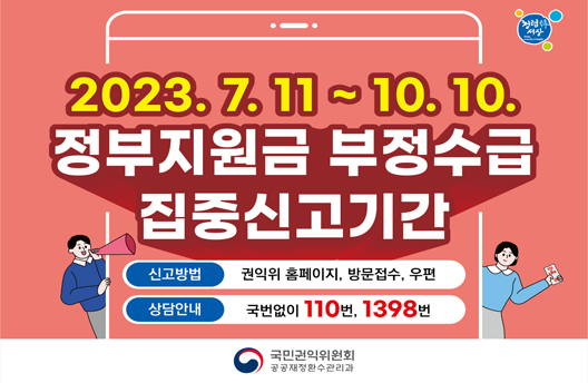 정부지원금 부정수급 집중신고기간 23.7.11~10.10 신고방법 권익위 홈페이지, 방문접수 우편 상담안내 국번없이 110번, 1398번 알림창